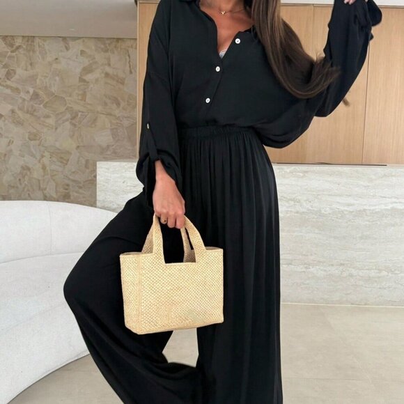 Black Casual Women's Front Button Loose Shirt & Pants Set - Picture 3 of 6